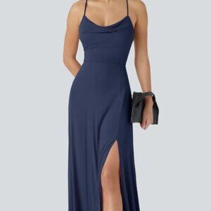HALARA Navy Blue Spaghetti Strap Maxi Dress with Side Slit